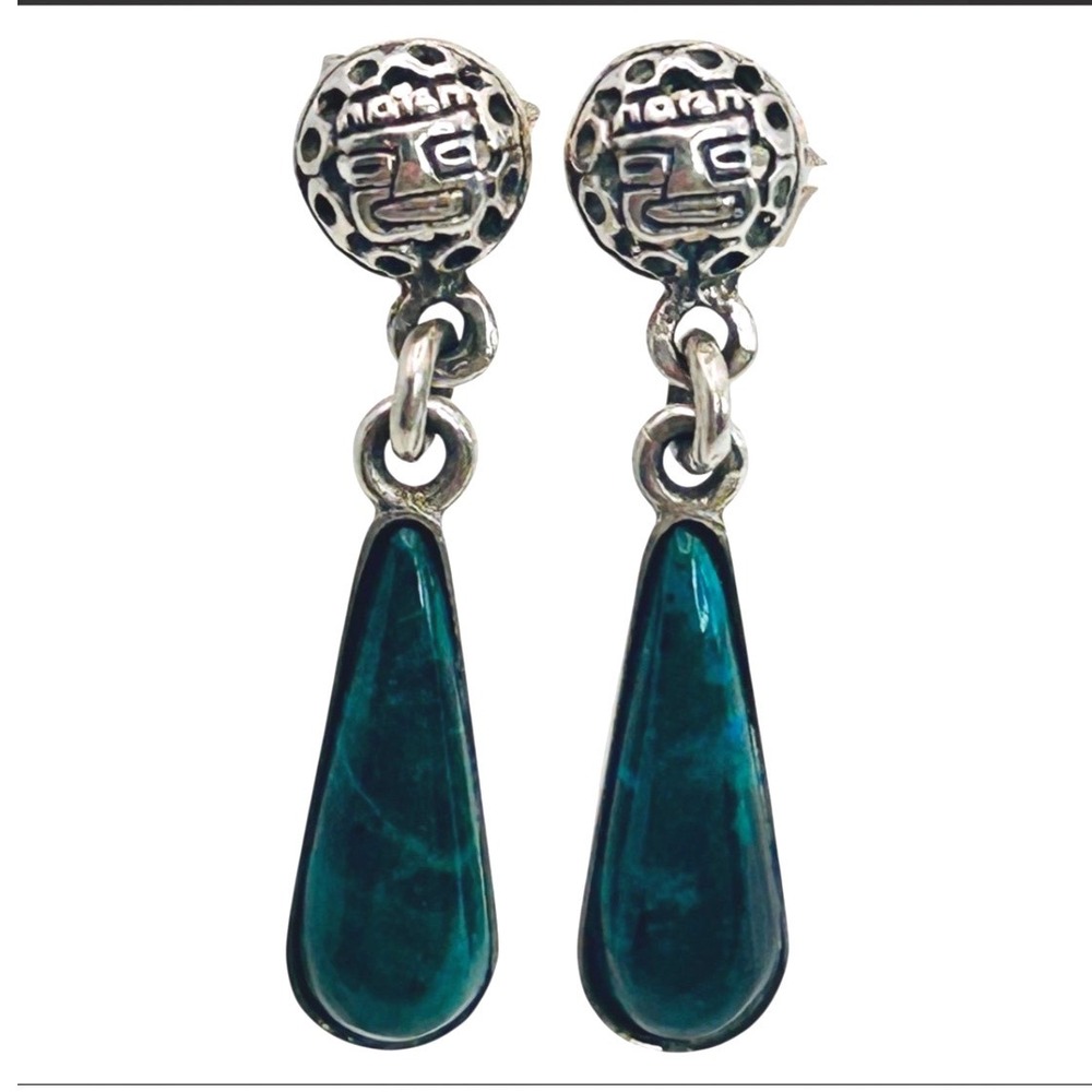 Vintage Mexican Sterling‎ Silver 925 Green Stone Aztec Face Drop Earrings